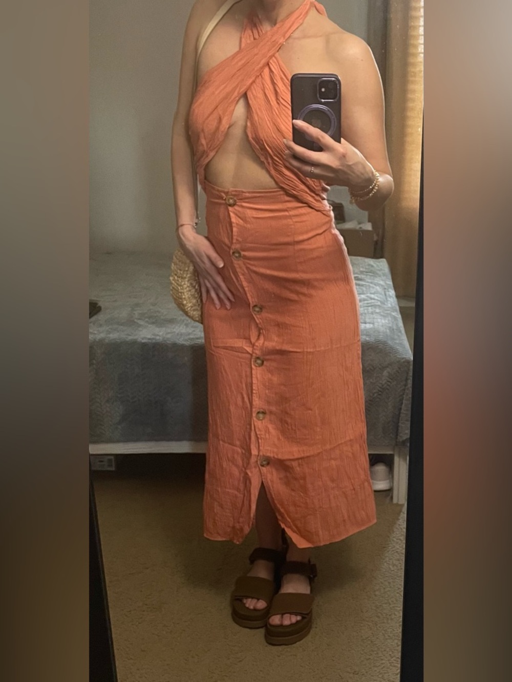 Line & Dot Rust Halter Midi Dress Button Front Smocked Back Size S Summer - Picture 14 of 15